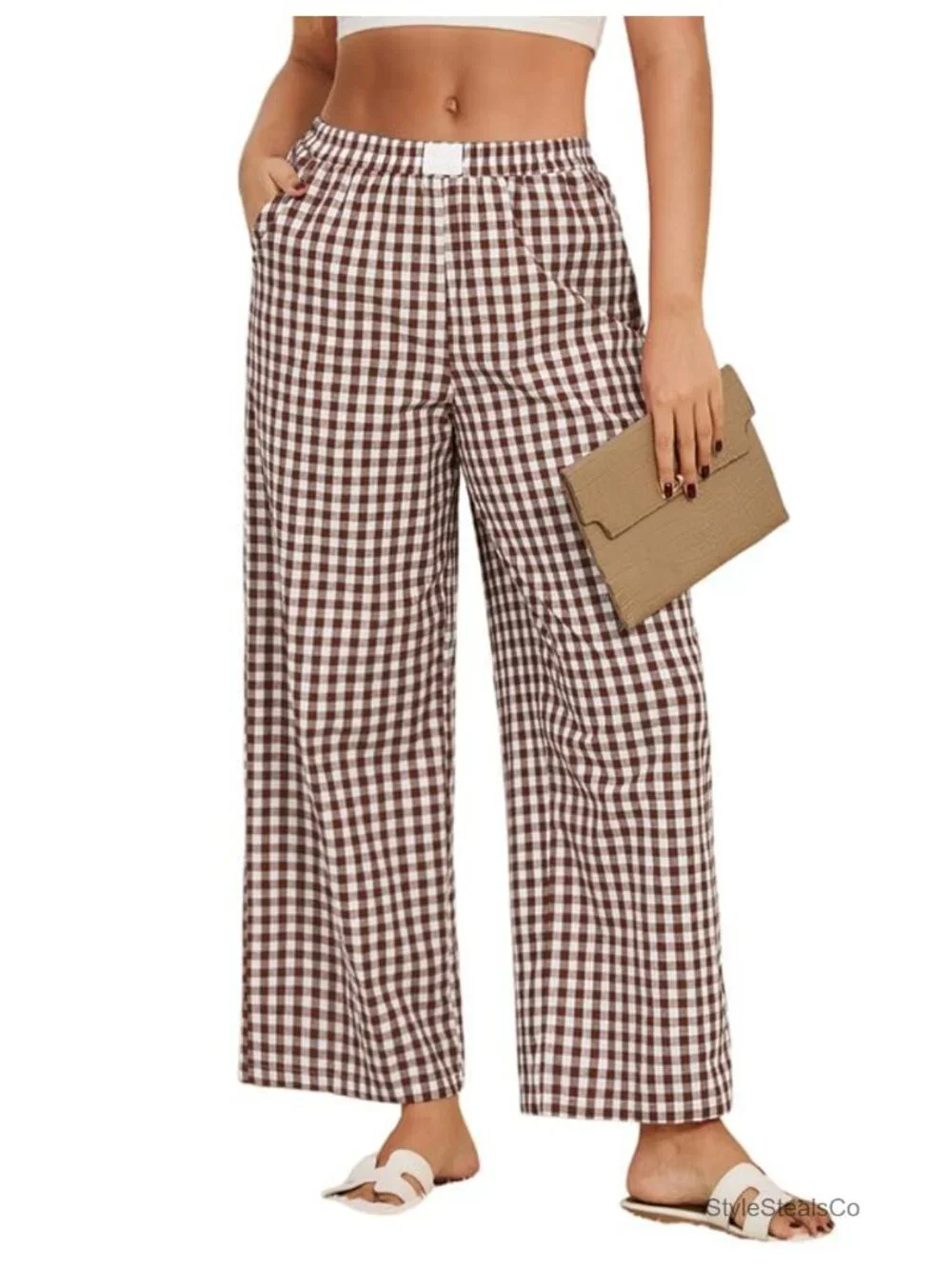 Wide Leg Pajama Bottoms with Pockets Elastic Waist Cotton Blend Loungewear